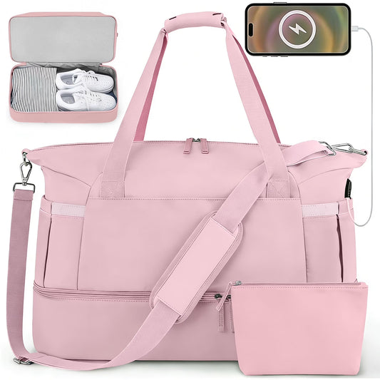 Travel Duffel Bag for Women Gym Bag with USB Charging Port Large Weekender Overnight Bag Yoga Duffle Bags with Wet Pocket and Shoes Compartment, Pink